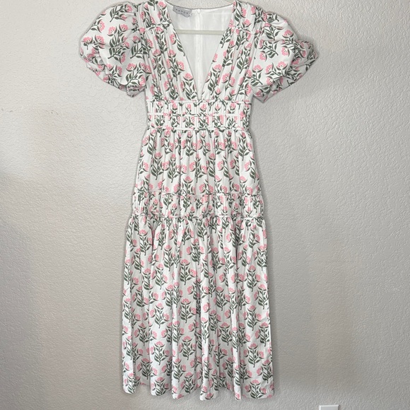 Fancy D White Tiered Floral Puff Sleeve Garden Party Midi Maxi Dress Size Small - Picture 2 of 8